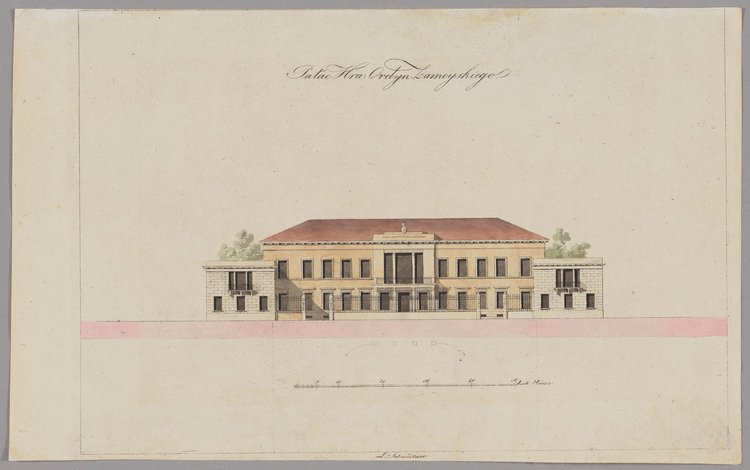 Pałac Zamojskich (Pałac Błękitny), widok fasady od ulicy Senatorskiej, rysunek pomiarowy