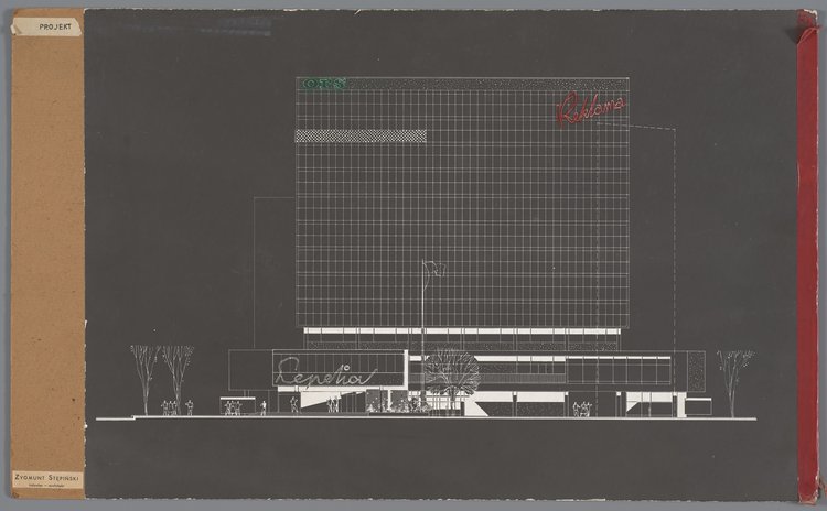 Pawilon handlowy Cepelii, projekt elewacji północnej (w tle gmach ORS)
