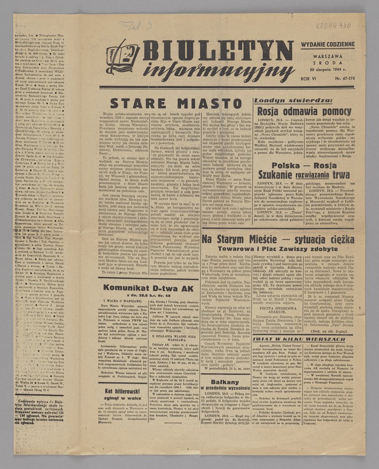 Gazeta Biuletyn Informacyjny. Wydanie codzienne, R. 6, Nr 67 (275) z 30 sierpnia 1944 r.