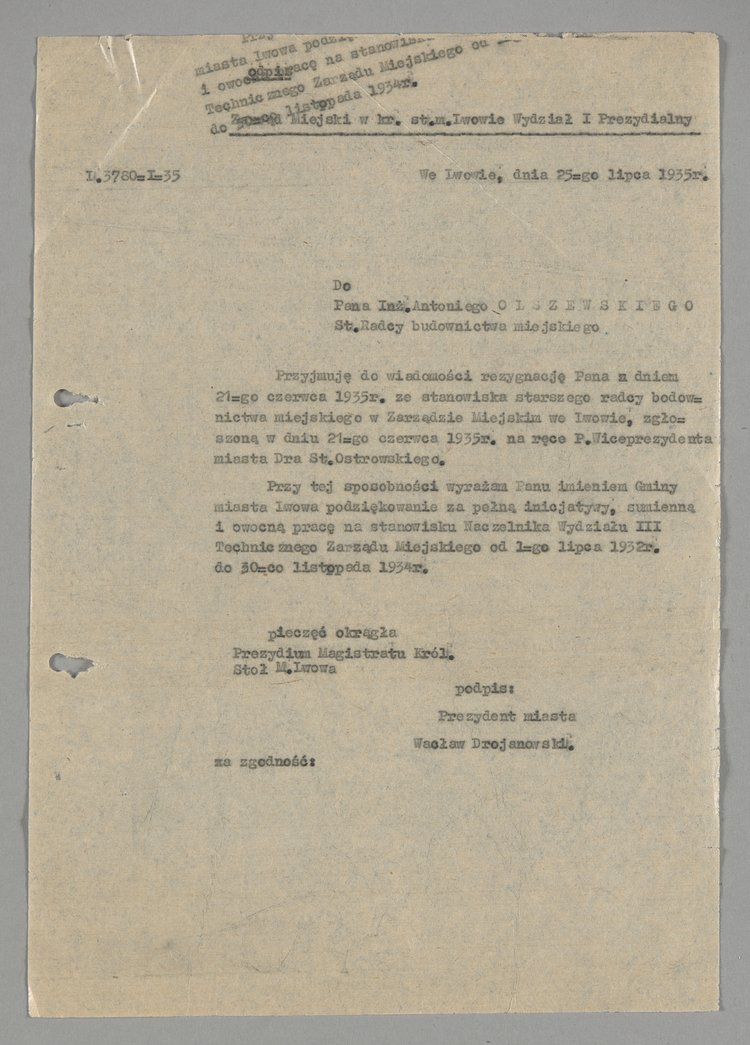 Odpis pisma wysłanego do Antoniego Olszewskiego