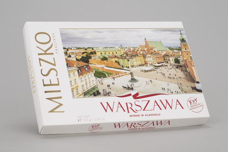 Pudełko po wiśniach w czekoladzie firmy Mieszko z wizerunkiem Zamku Królewskiego