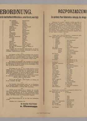 Polizei-Verordnung / Rozporządzenie policyjne o zakazie wyszynku napojów alkoholowych z wyjątkiem restauracji hotelowych w Warszawie i na przedmieściach