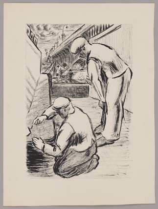 Robotnicy na tle mostu Śląsko-Dąbrowskiego