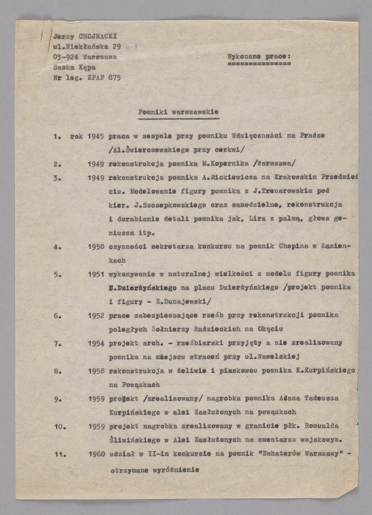 Wykaz prac artystycznych Jerzego Chojnackiego