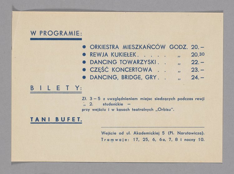 Zaproszenie na otwarcie Teatru Kukiełek - na spektakl p.t. 'Kukiełka akademicka' w Klubie Kolonii Akademickiej w Warszawie z załączoną kartą z programem, wysłane Janowi Tadeuszowi Nałęcz - Lipce