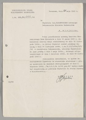 Pismo skierowane do Antoniego Olszewskiego z informacją o przedłużeniu mu urlopu bezpłatnego