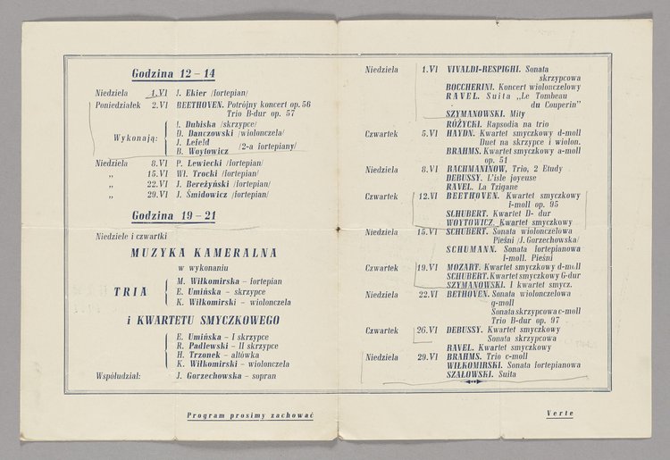 Program muzyczny na czerwiec 1941 r. w Kawiarni profesora Bolesława Woytowicza w Warszawie (na Nowym Świecie 27)