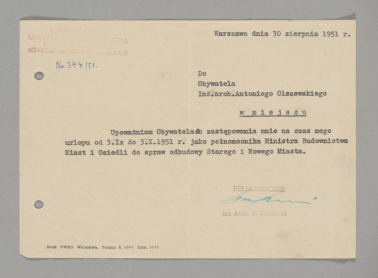 Pismo skierowane do Antoniego Olszewskiego z upoważnieniem do zastępowania przełożonego