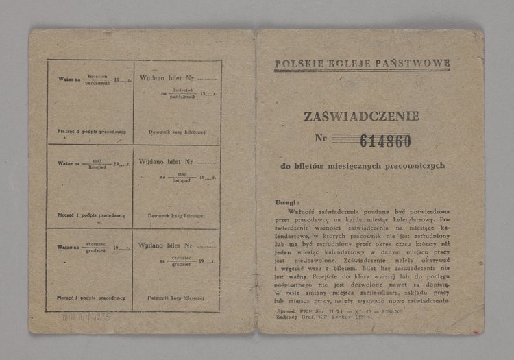 Zaświadczenie wystawione Danucie Fijałkowskiej, potwierdzające przysługujące jej ulgowe przejazdy pociągami na trasie Świder - Warszawa