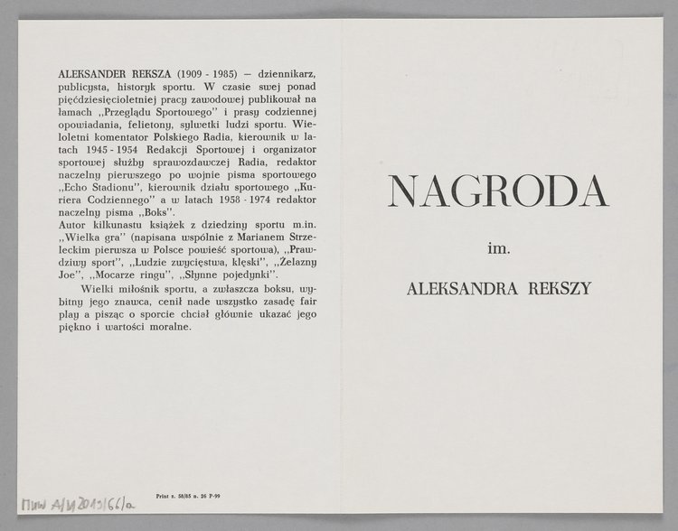 Blankiet potwierdzający przyznanie Nagrody im. Aleksandra Rekszy wraz z listą dotychczasowych laureatów z lat 1986-2007