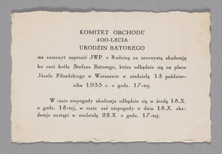 Zaproszenie na uroczystą Akademię ku czci Stefana Batorego organizowaną przez Komitet Obchodu 400 - lecia Urodzin Stefana Batorego w Warszawie wraz z załączonym programem