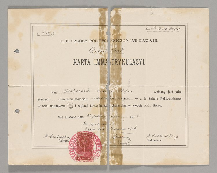 Duplikat Karty Immatrykulacyi C. K. Szkoły Politechnicznej we Lwowie wydany Antoniemu Stefanowi Olszewskiemu
