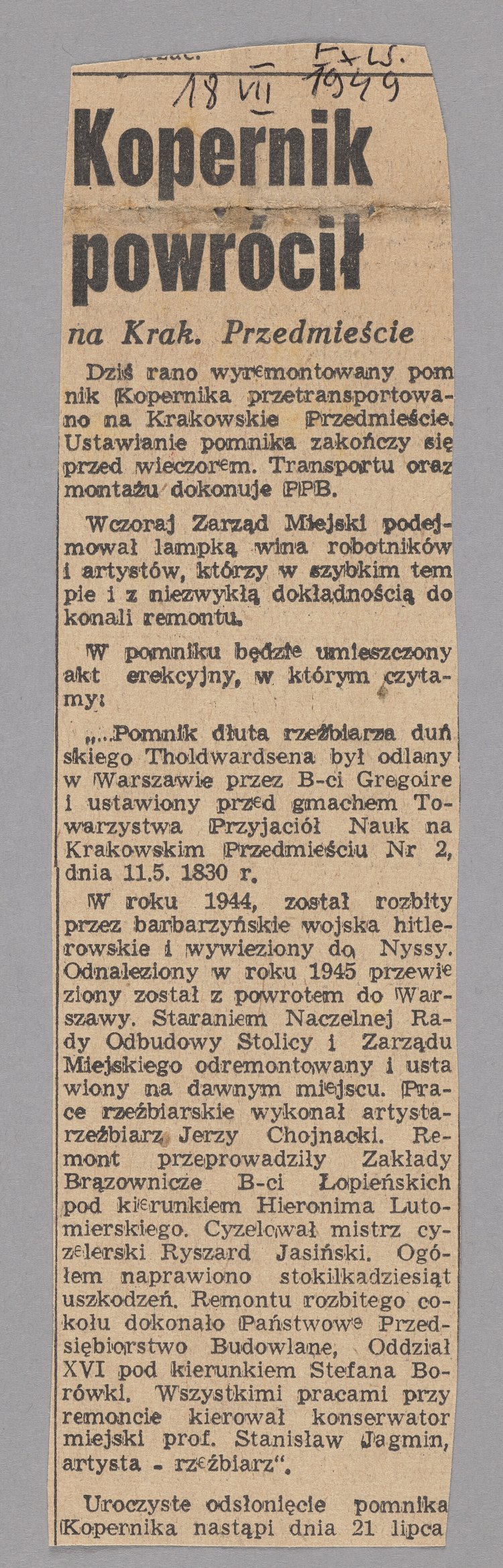 Wycinek z gazety p.t. "Express Wieczorny" z 18 lipca 1949 r. z artykułem p.t. "Kopernik powrócił na Krak.[owskie] Przedmieście"