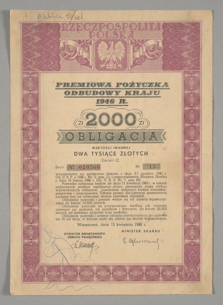 Obligacja Premiowej Pożyczki Odbudowy Kraju z 1946 r. Emisja C. Seria Nr 020560. Nr 13