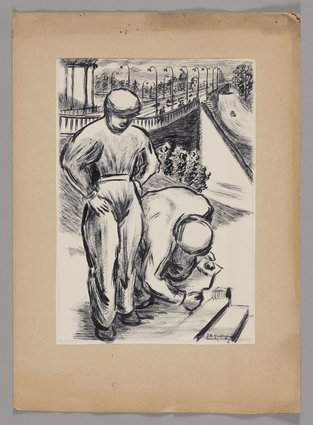 Robotnicy na tle mostu Śląsko-Dąbrowskiego