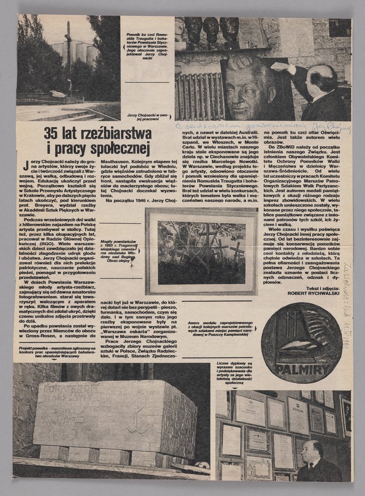 Wycinek z gazety p.t. "Za Wolność i Lud" z 11 kwietnia 1989 r. z artykułem Roberta Rychwalskiego p.t. "35 lat rzeźbiarstwa i pracy społecznej"