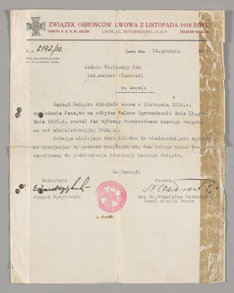 Pismo skierowane do Antoniego Olszewskiego