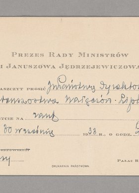 Zaproszenie na raut wysłane przez Prezesa Rady Ministrów Janusza Jędrzejewicza i jego małżonki dla Tadeusza Nałęcz - Lipki i jego małżonki Dziewanny