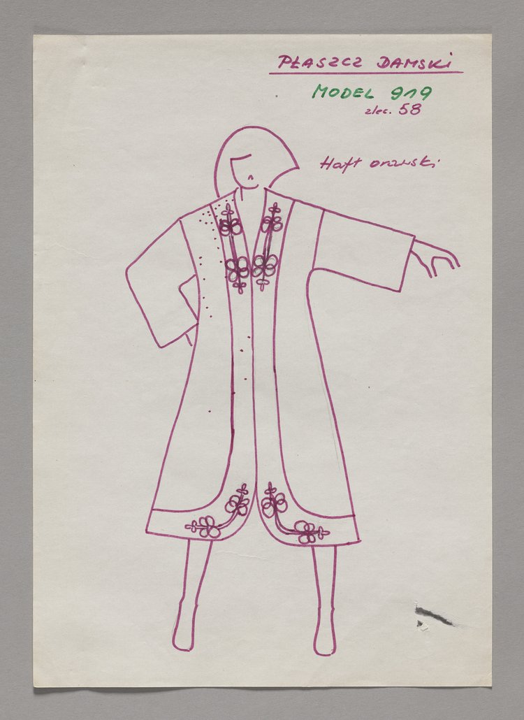 Projekt płaszcza damskiego z haftem orawskim dla Spółdzielni Moda i Styl