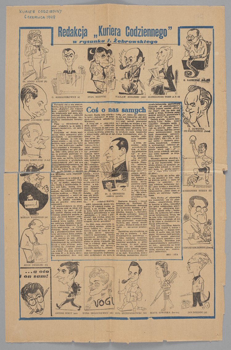 Artykuł p.t. "Redakcja "Kuriera Codziennego" w rysunku J. Żebrowskiego" [w:] "Kurier Codzienny" z dn. 6 czerwca 1948 r.