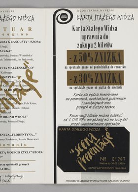 Karta stałego widza wydana przez Teatr "Scena Prezentacja" z dołączonym kuponem kontrolnym na sezon artystyczny 1998-1999