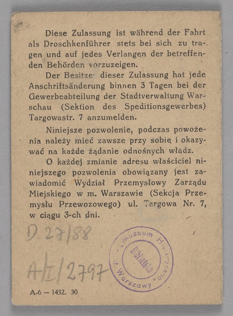 Erlaubnis/Pozwolenie na prawo powożenia dorożką konną wydane Wacławowi Starosowi
