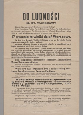 Odezwa Rady Narodowej m. st. Warszawy i różnych partii z informacją o wyzwoleniu stolicy przez Wojsko Polskie i Armię Czerwoną