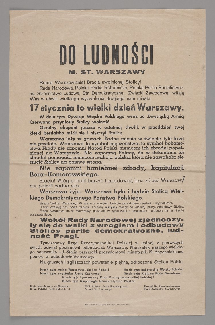 Odezwa Rady Narodowej m. st. Warszawy i różnych partii z informacją o wyzwoleniu stolicy przez Wojsko Polskie i Armię Czerwoną