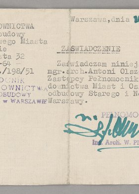 Zaświadczenie wystawione Antoniemu Olszewskiemu