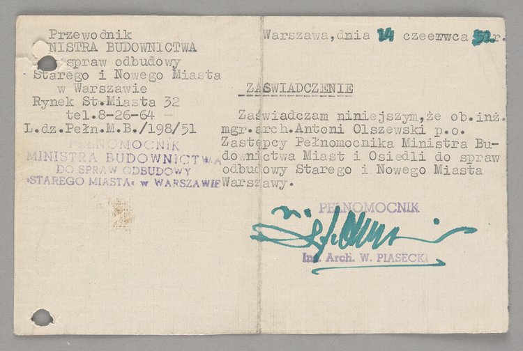 Zaświadczenie wystawione Antoniemu Olszewskiemu