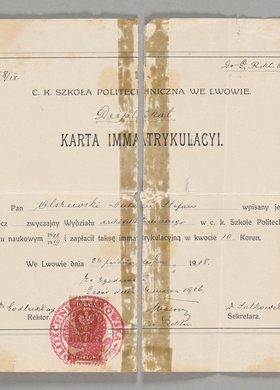 Duplikat Karty Immatrykulacyi C. K. Szkoły Politechnicznej we Lwowie wydany Antoniemu Stefanowi Olszewskiemu