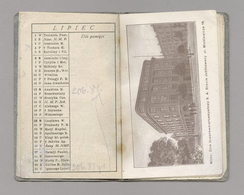Kalendarz kieszonkowy na 1924 rok oraz kartka z widokiem Domu Towarowego Bracia Jałkowscy