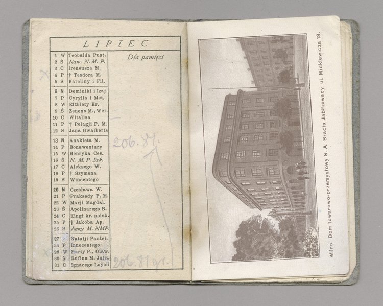 Kalendarz kieszonkowy na 1924 rok oraz kartka z widokiem Domu Towarowego Bracia Jałkowscy