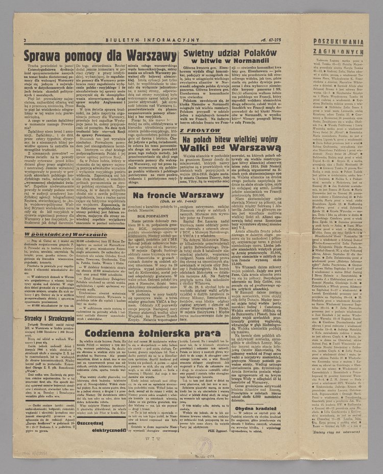 Gazeta Biuletyn Informacyjny. Wydanie codzienne, R. 6, Nr 67 (275) z 30 sierpnia 1944 r.