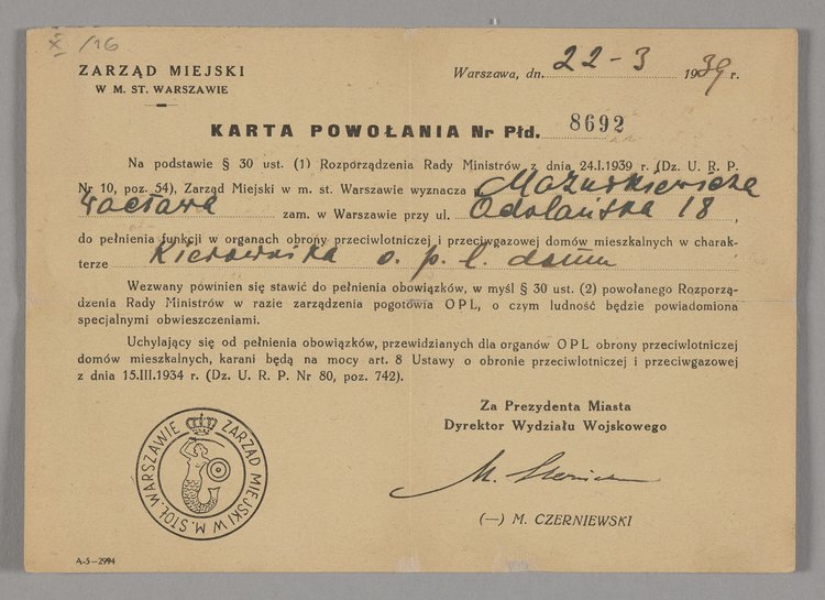 Karta powołania dla Wacława Mazurkiewicza