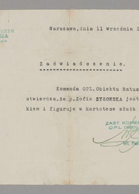Zaświadczenie wystawione Zofii Żyłowskiej