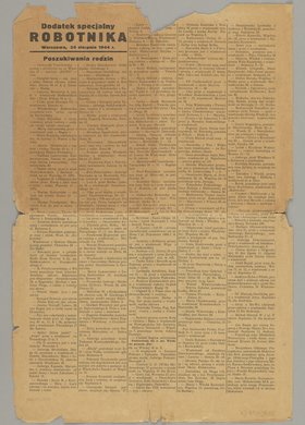 Dodatek Specjalny do gazety Robotnik-Poszukiwanie rodzin z 24 sierpnia 1944 r.