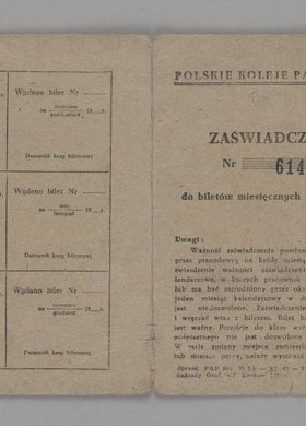 Zaświadczenie wystawione Danucie Fijałkowskiej, potwierdzające przysługujące jej ulgowe przejazdy pociągami na trasie Świder - Warszawa