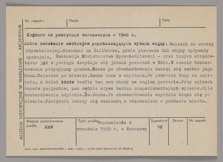 Pamiętnik (godło: 'BRAK') nadesłany na konkurs 'Pamiętnik Warszawiaka'