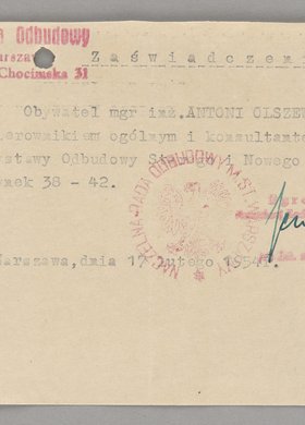 Zaświadczenie wystawione Antoniemu Olszewskiemu