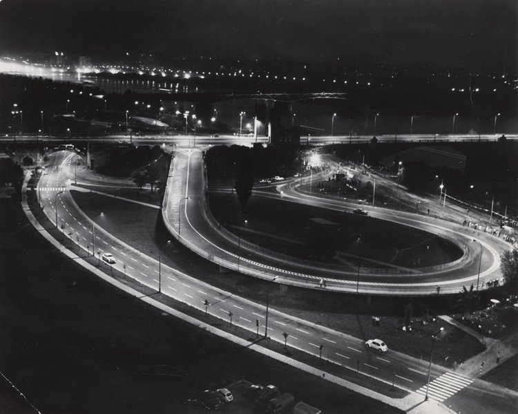 Fragment of Poniatowski Bridge and transport hub at night