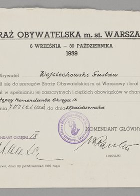 Zaświadczenie wystawione Gustawowi Wojciechowskiemu