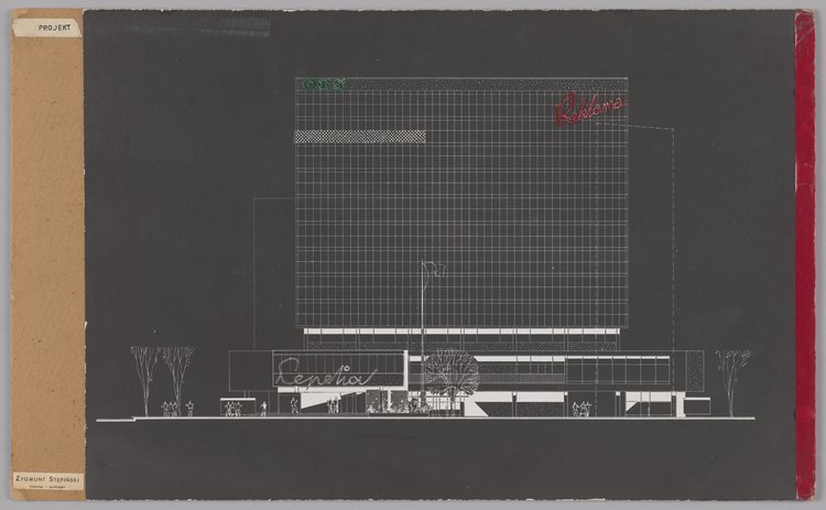 Pawilon handlowy Cepelii, projekt elewacji północnej (w tle gmach ORS)