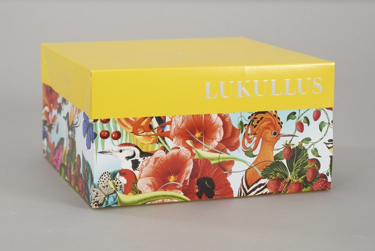 Pudełko firmowe Lukullus z grafiką Bożki Rydlewskiej Busz po polsku