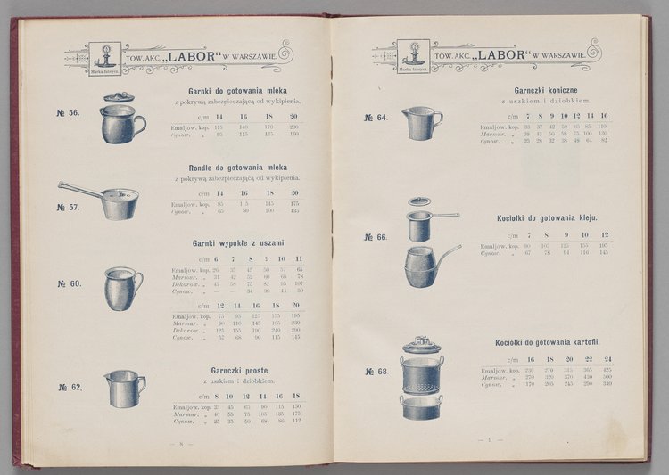 Katalog i cennik wyrobów kuchennych Towarzystwa Akcyjnego Emaljerni i Warsztatów w Warszawie "Labor"