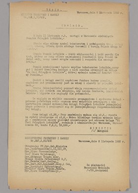 Odpis okólnika Ministerstwa Przemysłu i Handlu w sprawie księgi "Ku Czci Poległych Lotników" i Pomnika Lotnika