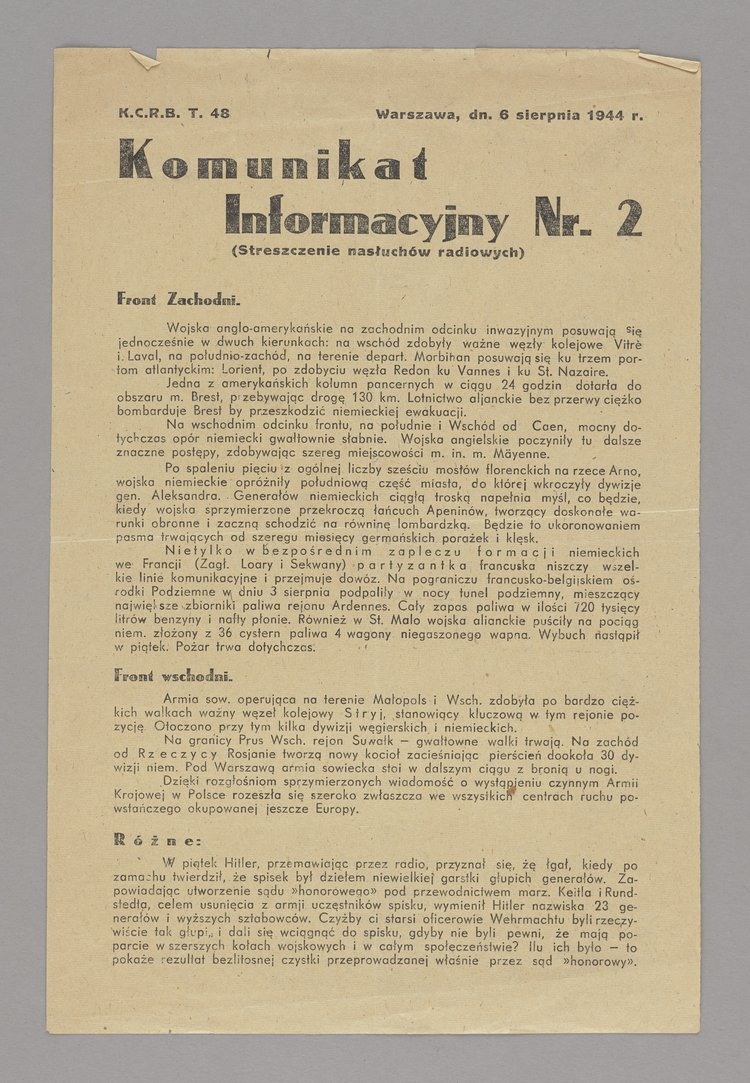 Gazeta Komunikat informacyjny, Nr 2 (Streszczenie nasłuchów radiowych) z 6 sierpnia 1944 r.