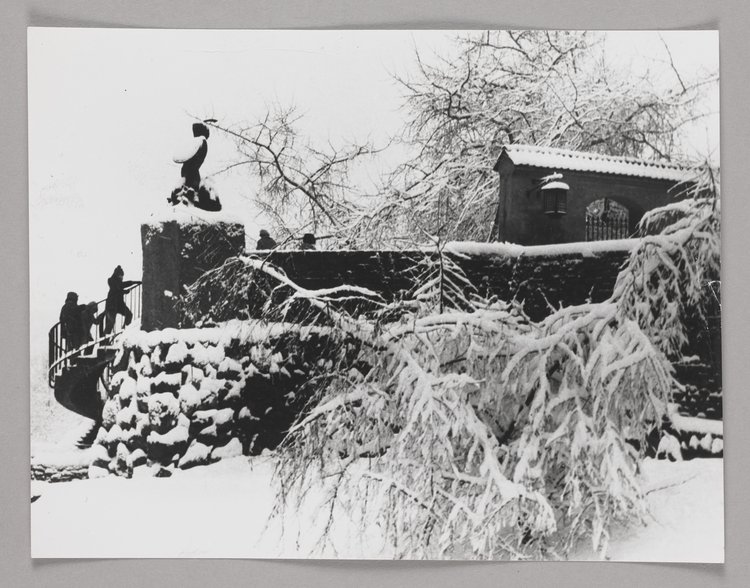Mermaid statue on the defensive walls in winter