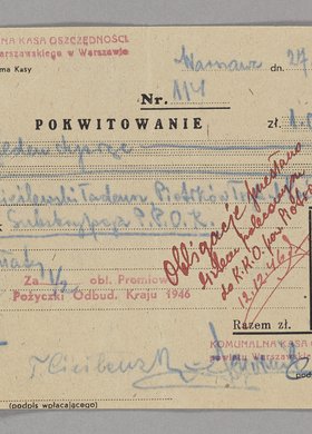 Pokwitowanie za wpłatę 1000 zł za Obligację Premiowej Pożyczki Odbudowy Kraju przez Tadeusza Cieślewskiego ojca