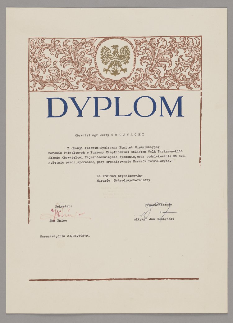 Dyplom-życzenia imieninowe dla Jerzego Chojnackiego
